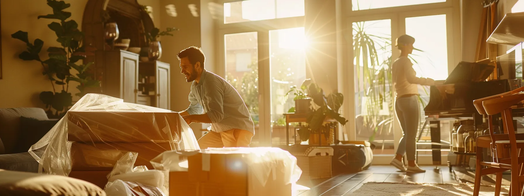 Professional Movers Carefully Wrapping Fragile Items With Plastic Wrap In A Spacious, Well-Lit Living Room.