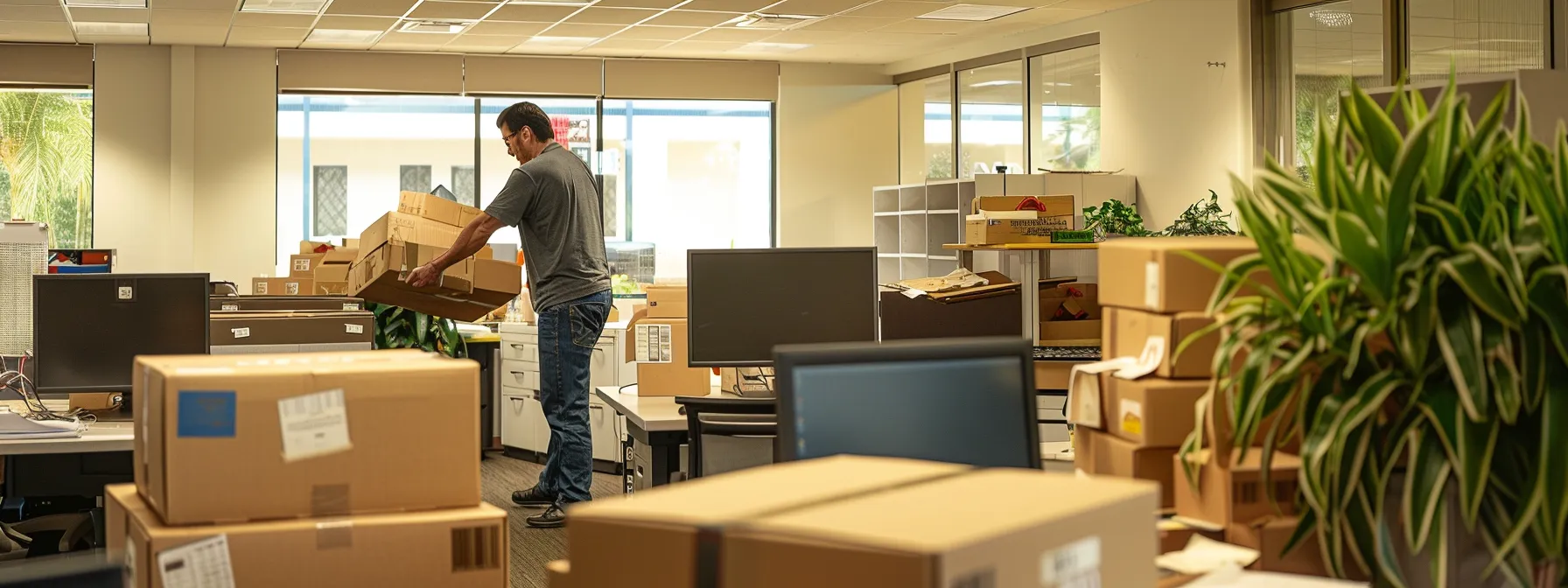 A Professional Office Mover Carefully Packing And Securing Office Equipment In Irvine, Ca (33.6846° N, 117.8265° W).