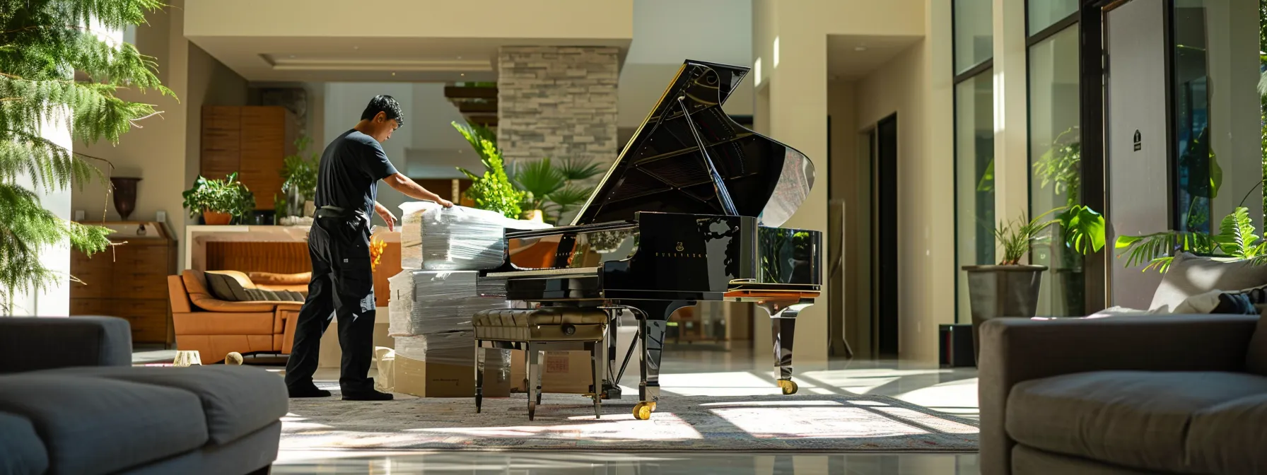 Specialized Furniture Movers Carefully Wrapping And Transporting A Luxurious Piano Through A Modern, Upscale Los Angeles Home.