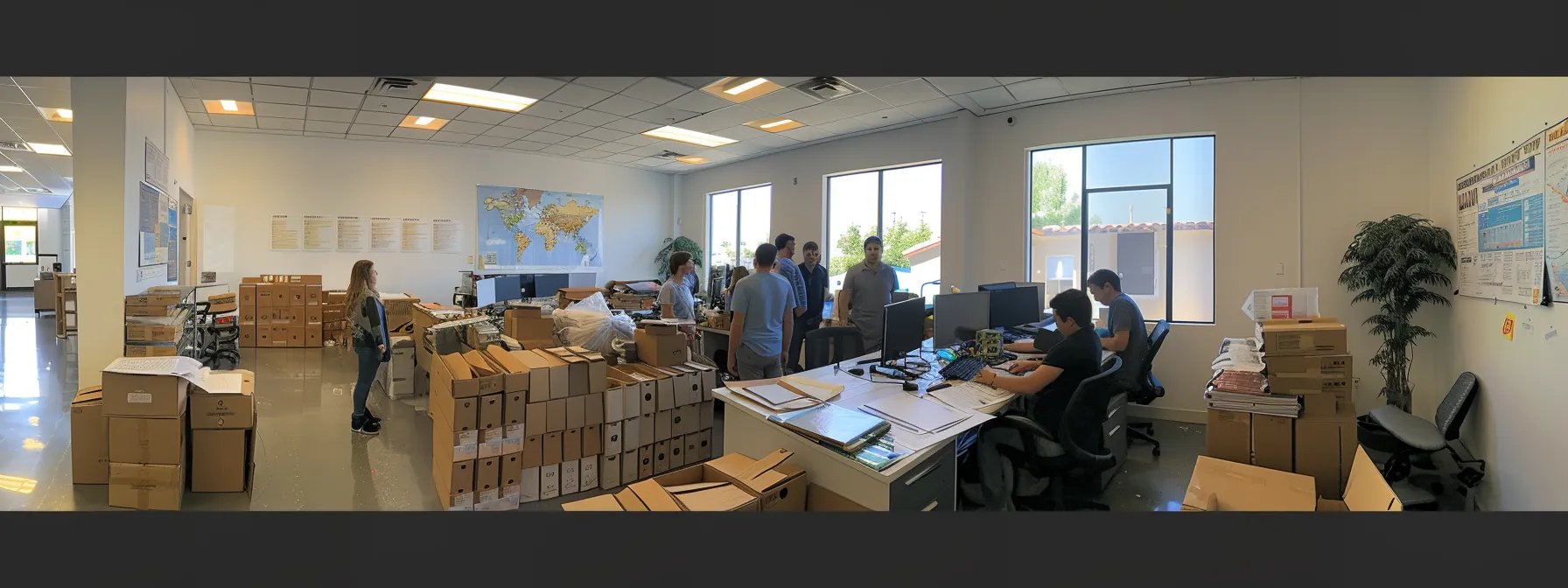 Team Huddled Together In A Bright, Organized Office Space With Moving Boxes, Maps, And Communication Charts In Irvine, Ca (33.6846° N, 117.8265° W).