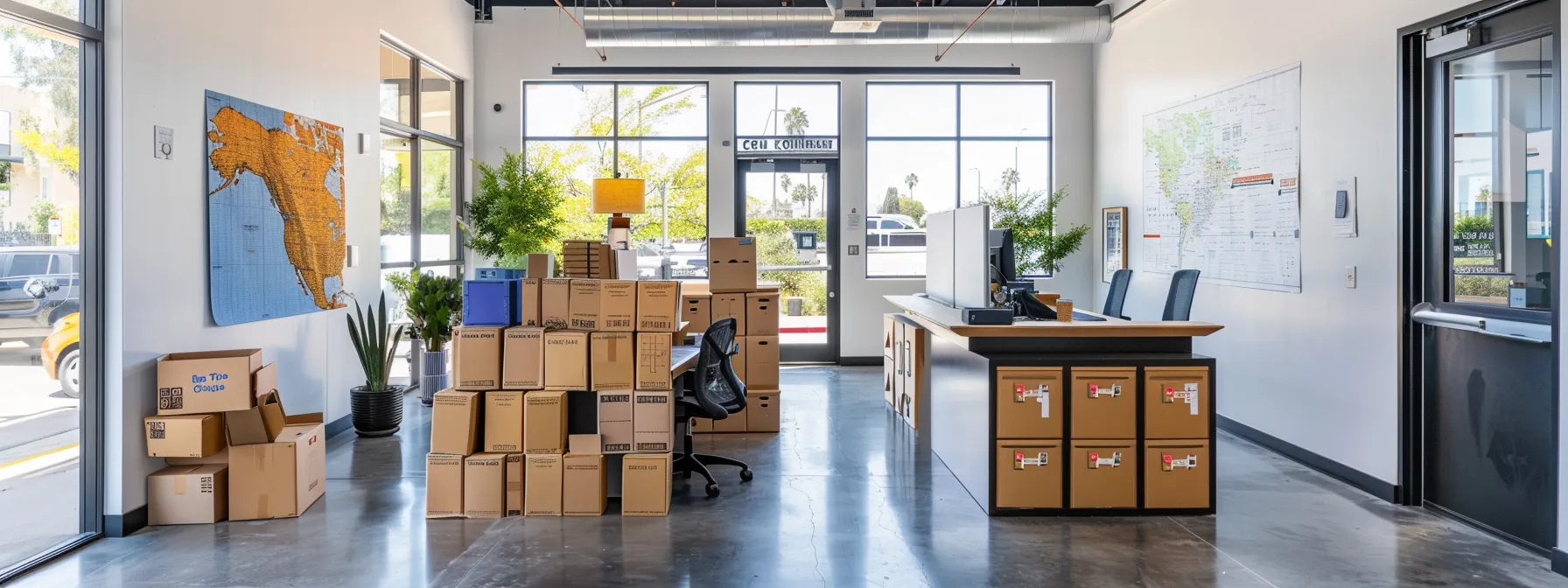 A Vibrant Office Space With Moving Boxes Stacked Neatly, A Checklist Pinned To The Wall, And A Map Of Orange County Displayed Prominently On A Desk In Irvine, Ca (33.6846° N, 117.8265° W).