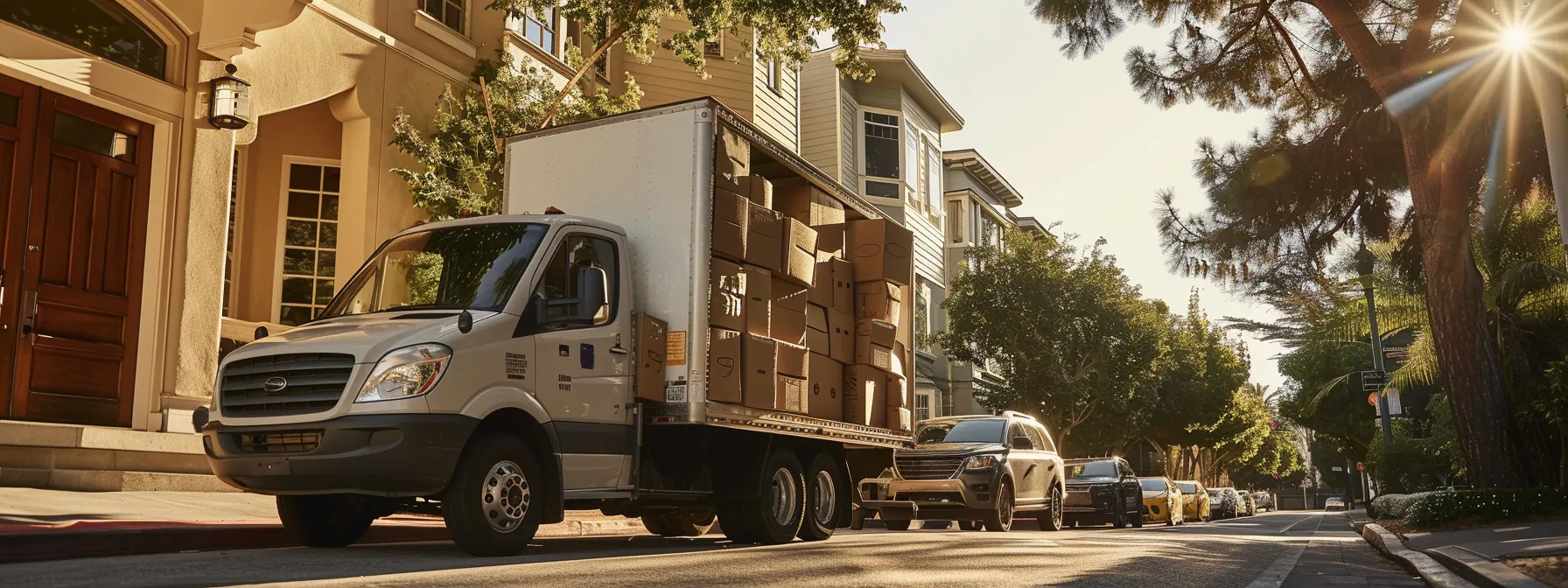 An Eco-Friendly Moving Company In Orange County, Ca Efficiently Loads Recyclable Cardboard Boxes Onto A Hybrid Truck, Showcasing Sustainable Practices Benefitting Both Customers And The Community - 33.6846° N, 117.8265° W.