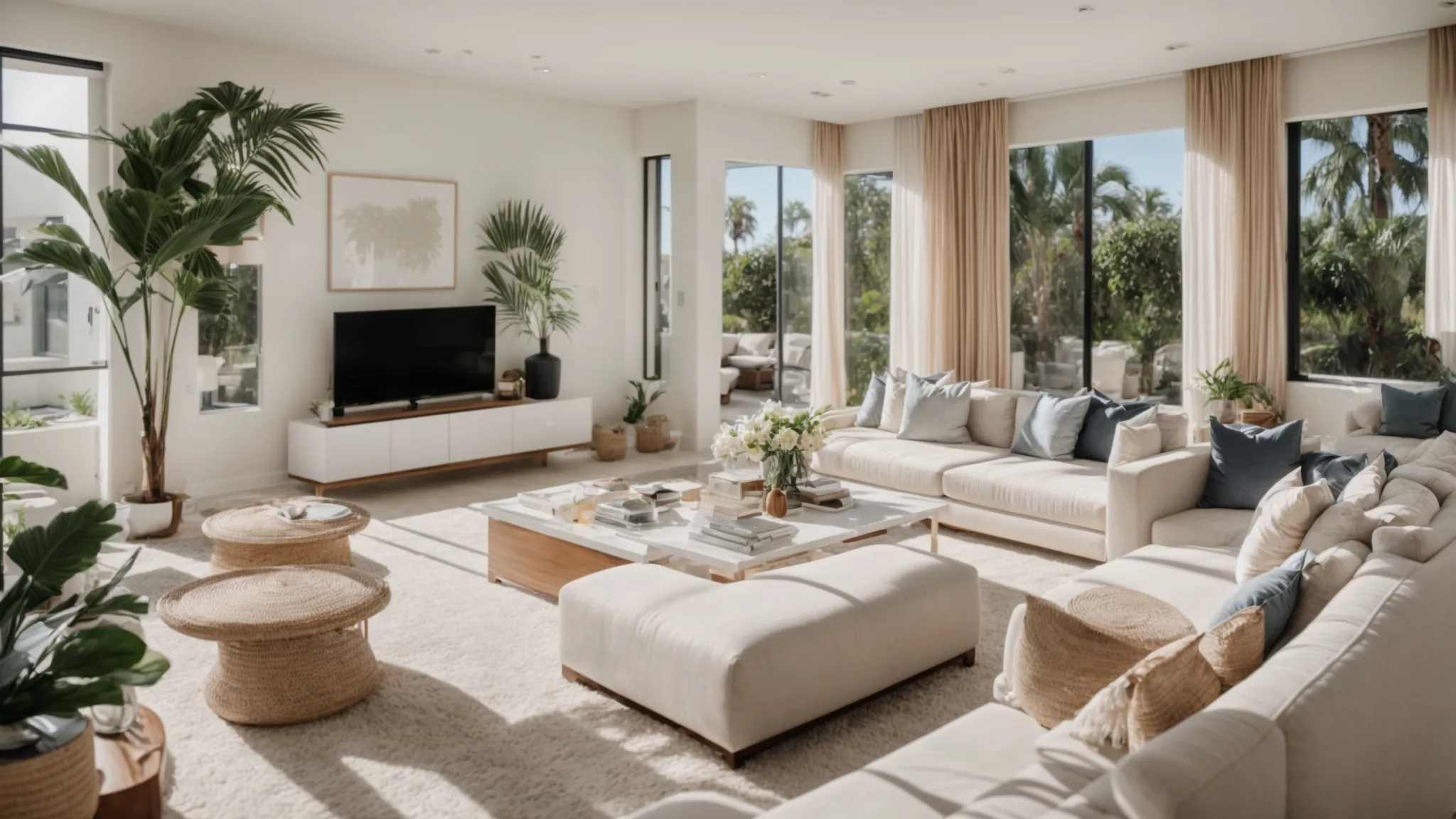 Unpacking Boxes In A Bright, Airy Living Room With Palm Tree Decor, Overlooking The Pristine Neighborhood Of Irvine, Ca (33.6846° N, -117.8265° W).