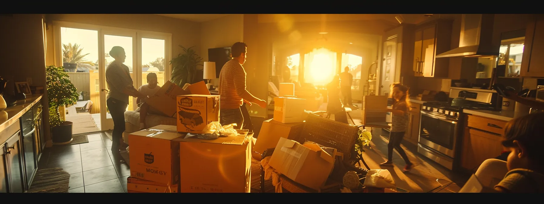 A Family Joyfully Unpacking Boxes In Their New San Diego Home, Surrounded By Moving Supplies And Furniture.