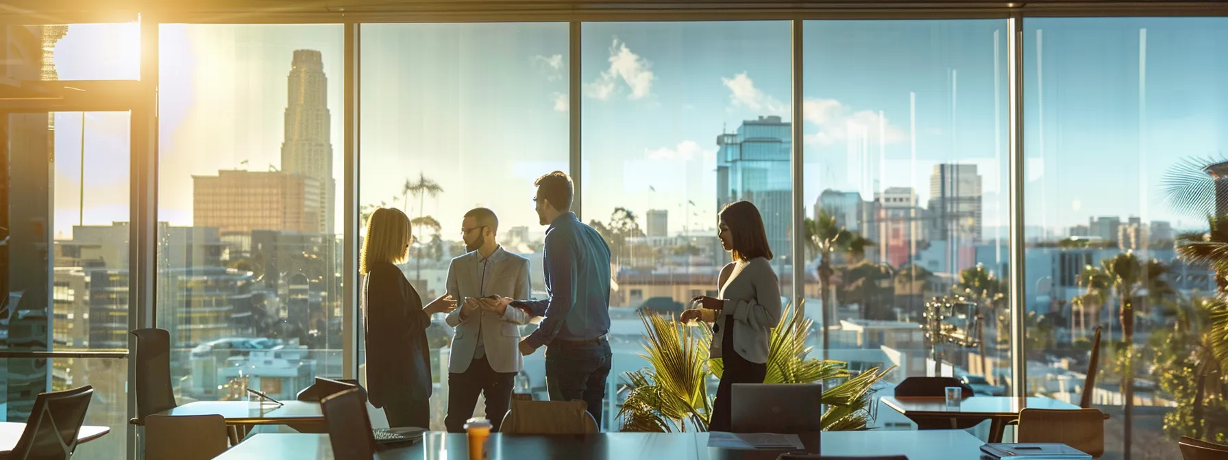 A Group Of Employees Collaborating In A Modern Office Space, Discussing Relocation Plans With A San Diego City Skyline Visible Through The Window.