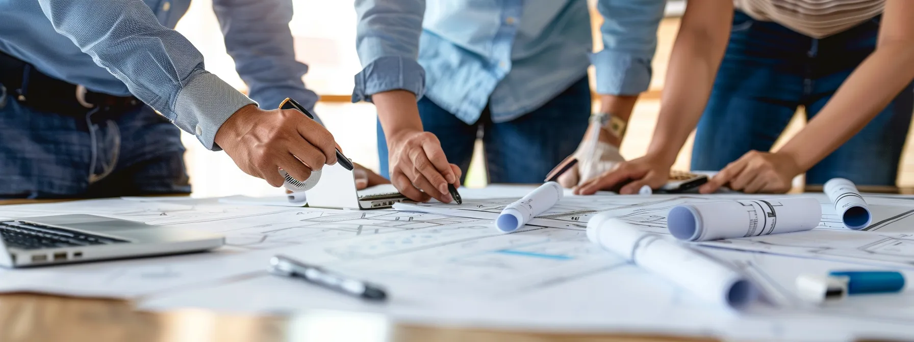 A Group Of Employees Discussing A Detailed Moving Strategy Around A Large Conference Table Scattered With Blueprints, Laptops, And Office Supplies.