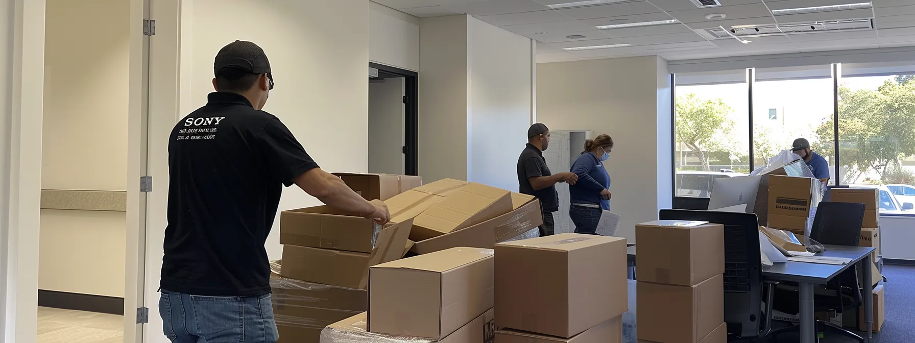 A Group Of Experienced, Reliable Movers Carefully Packing Up Office Equipment In San Diego.