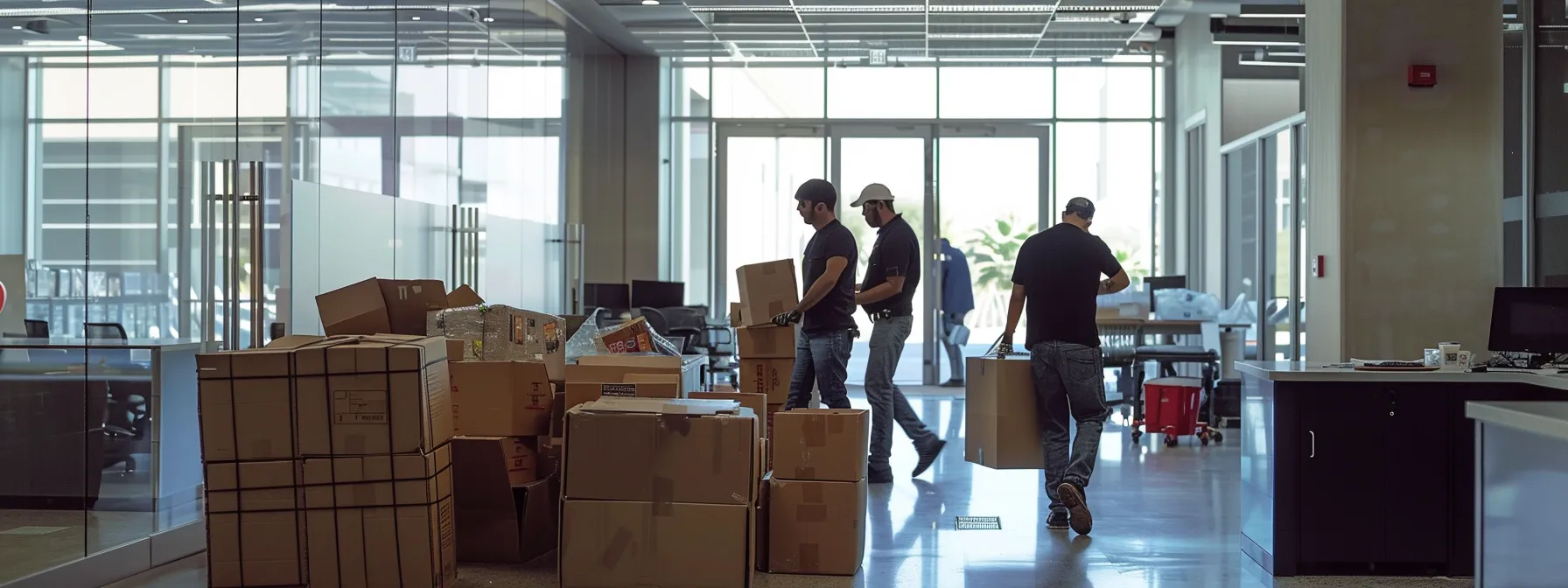 A Group Of Movers Carefully Packing And Organizing Office Equipment In A Modern Office Space For A Commercial Relocation In San Diego.