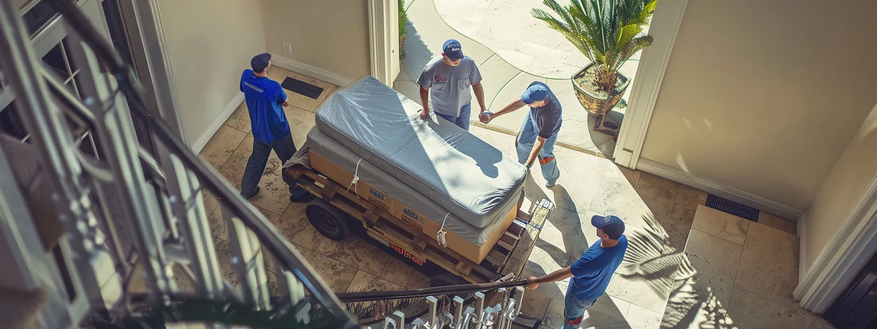 A Group Of Movers Carefully Transporting A Luxurious Sofa Down A Narrow Staircase In A San Diego Home, Showcasing Expertise And Attention To Detail In The Moving Process.