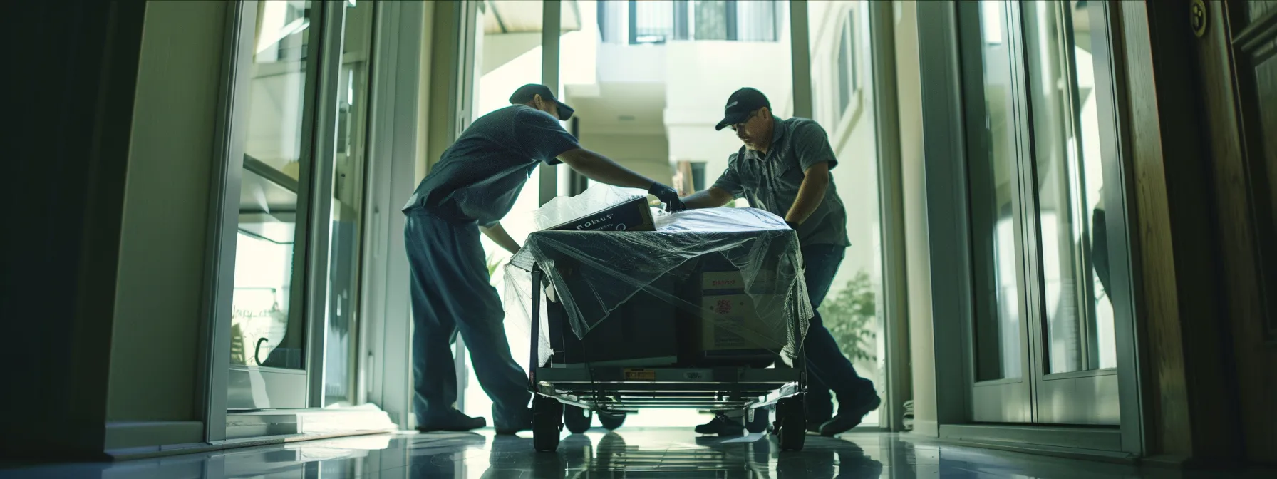 A Group Of Professional Movers Carefully Maneuvering A Large, Delicate Glass Table Through A Narrow Doorway, Showcasing Their Expertise In Handling Fragile Items During A Furniture Move.