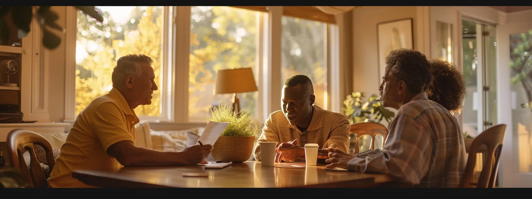 A Homeowner Sitting At A Table With Moving Company Representatives, Discussing Services And Pricing During A Consultation In A Cozy Living Room Setting.