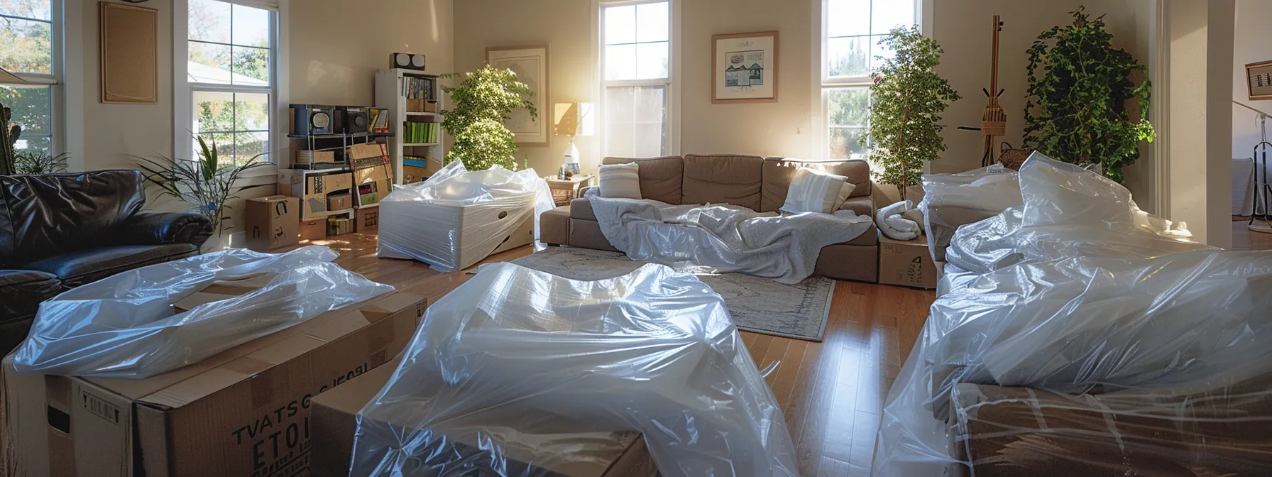 A Living Room Filled With Neatly Packed And Labeled Boxes, Surrounded By Bubble Wrap And Moving Blankets, Ready For A Smooth Furniture Move In San Diego.