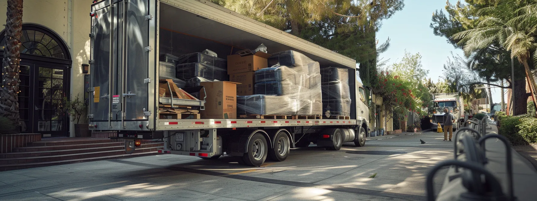 A Moving Truck Loaded With Well-Wrapped Furniture Being Carefully Loaded By Workers In San Diego.