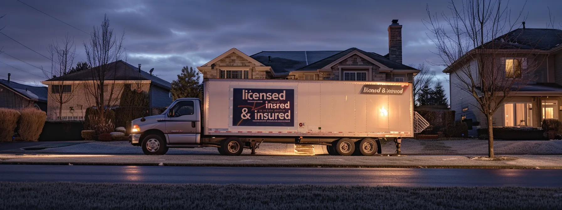 A Moving Truck Parked In Front Of A House With A Large Sign Displaying 