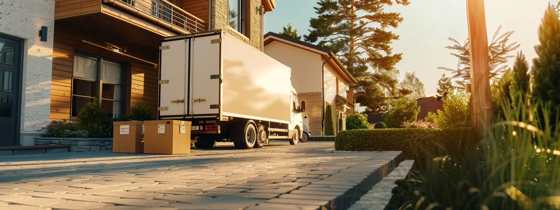 A Moving Truck Parked In Front Of A Tidy House, With A Neatly Packed Essentials Box On The Doorstep, Ready For A Stress-Free Relocation.