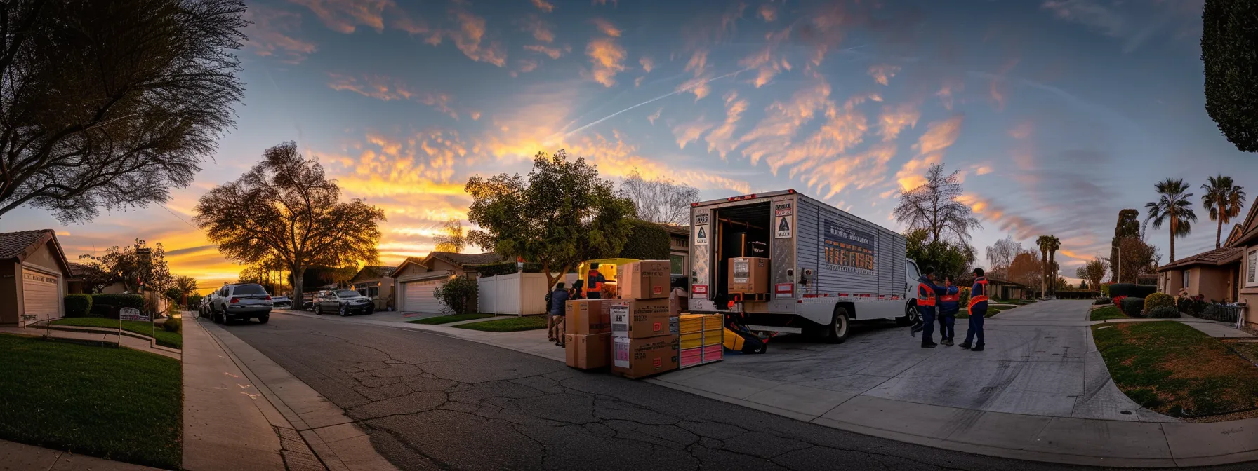 A Moving Truck Parked Outside A Suburban Home In San Diego, With A Team Of Professional Movers Carrying Boxes And Furniture Into The House.