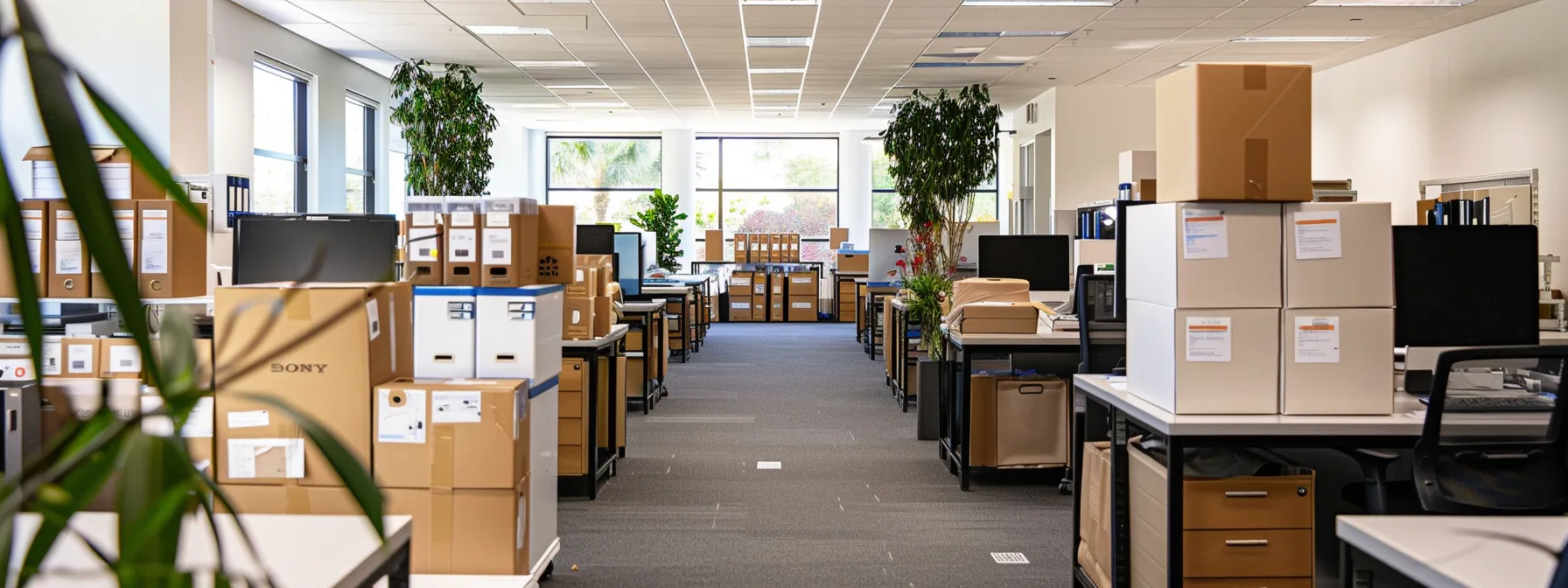 A Neatly Organized Office Space With Labeled Inventory Boxes, Secure Locks On File Cabinets, And A Building Manager Overseeing The Move, Ensuring A Smooth Commercial Relocation In San Diego.