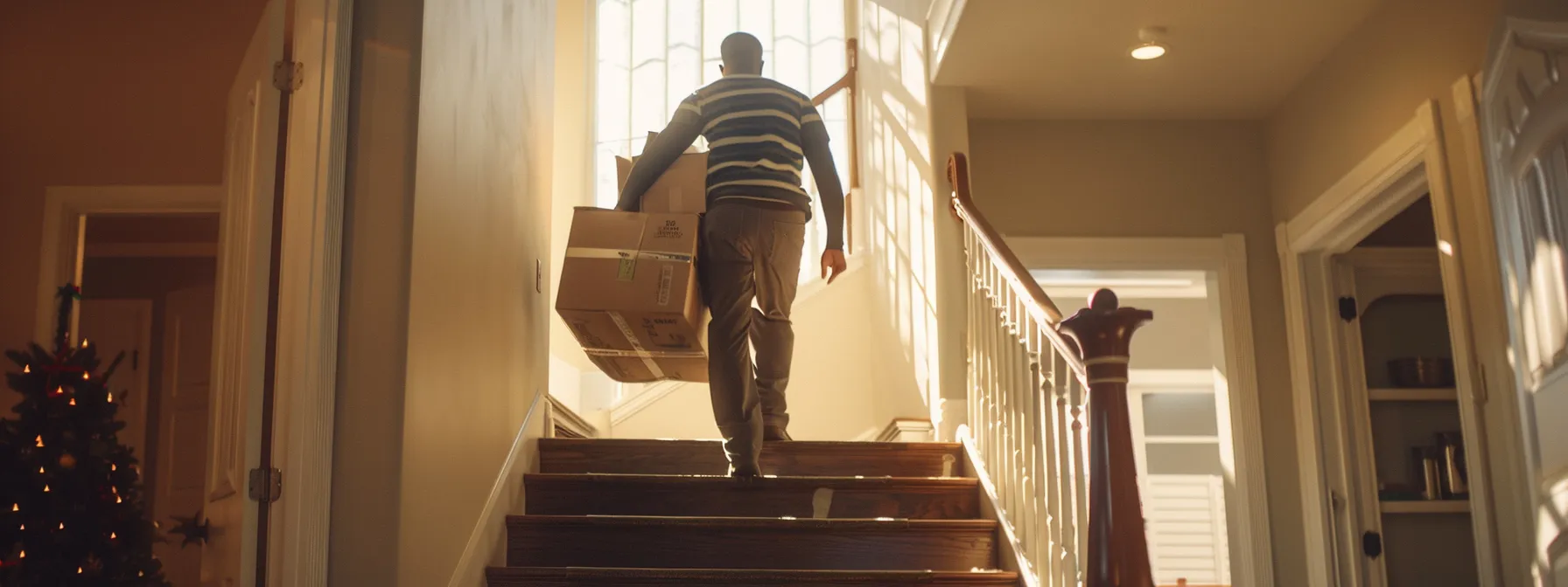 A Professional, Licensed Furniture Moving Company In San Diego Carefully Carrying A Large Sofa Down A Narrow Staircase With The Help Of Specialized Equipment.