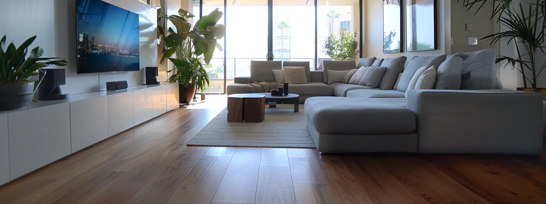 A Sleek And Modern Sofa Effortlessly Glides Across A Polished Hardwood Floor In A Spacious Living Room In San Diego.