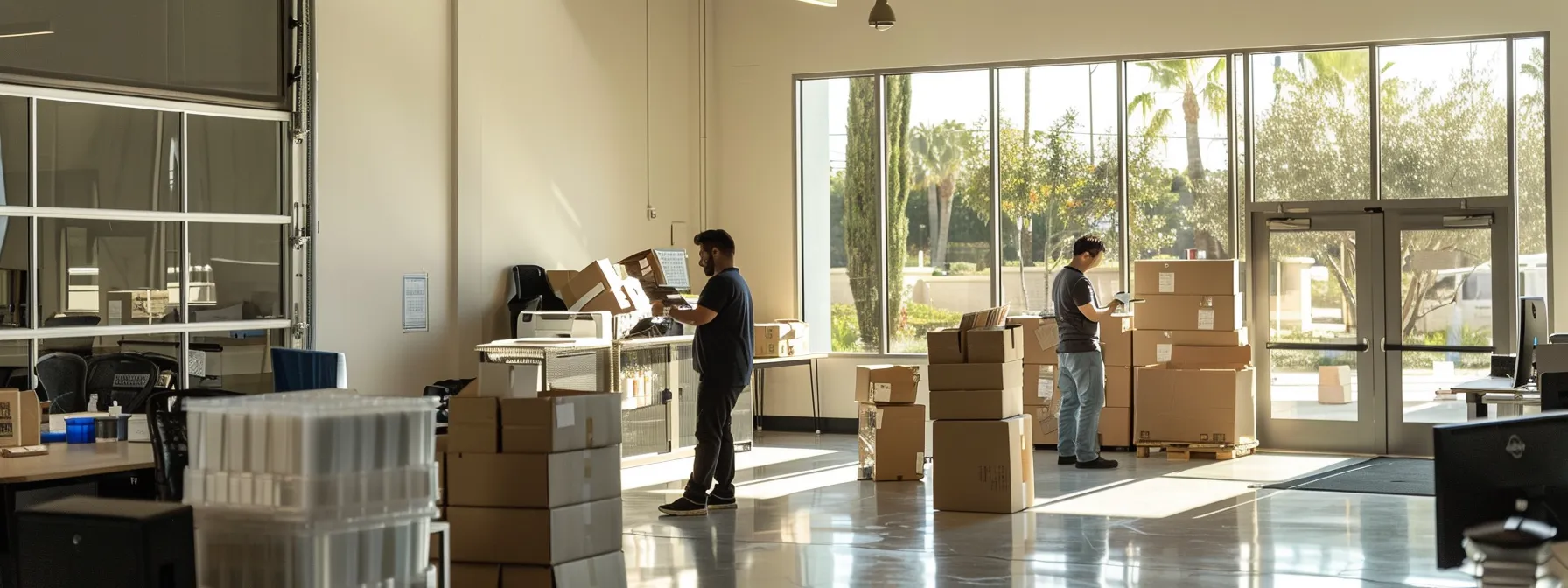 A Team Of Experienced Professionals Carefully Packing And Organizing Office Equipment In A Modern San Diego Commercial Relocation Service Facility.