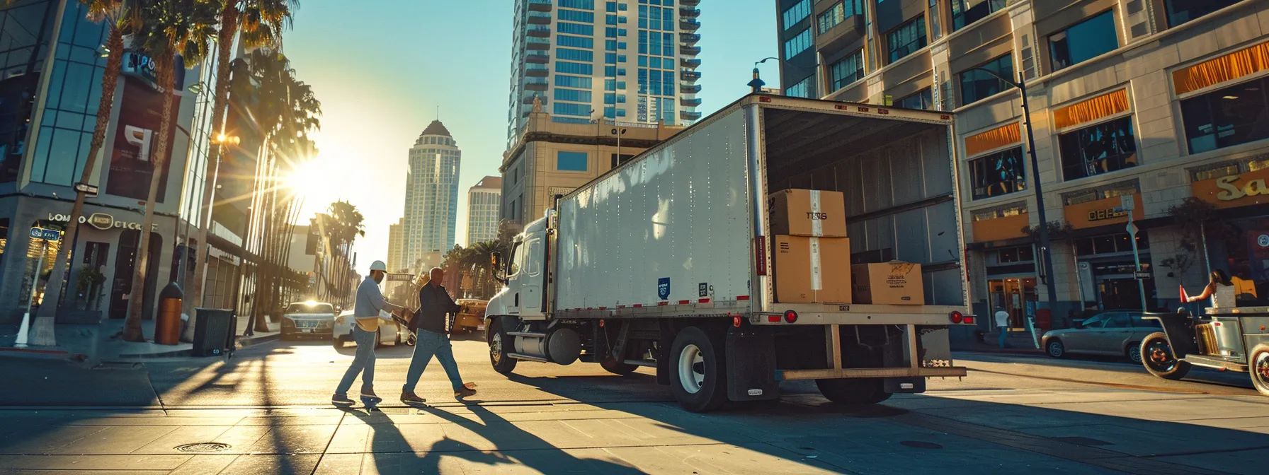 A Team Of Movers Carefully Loading Office Equipment Onto A Secure And Environmentally Friendly Moving Truck In San Diego, Amidst A Backdrop Of A Bustling Business District.