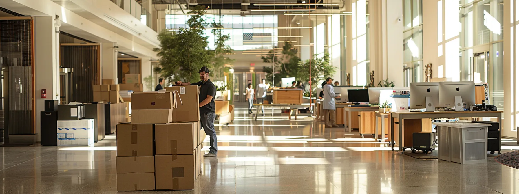 A Team Of Office Movers Carefully Transporting Large Desks And Computers Through A Modern Office Space In Downtown San Diego.