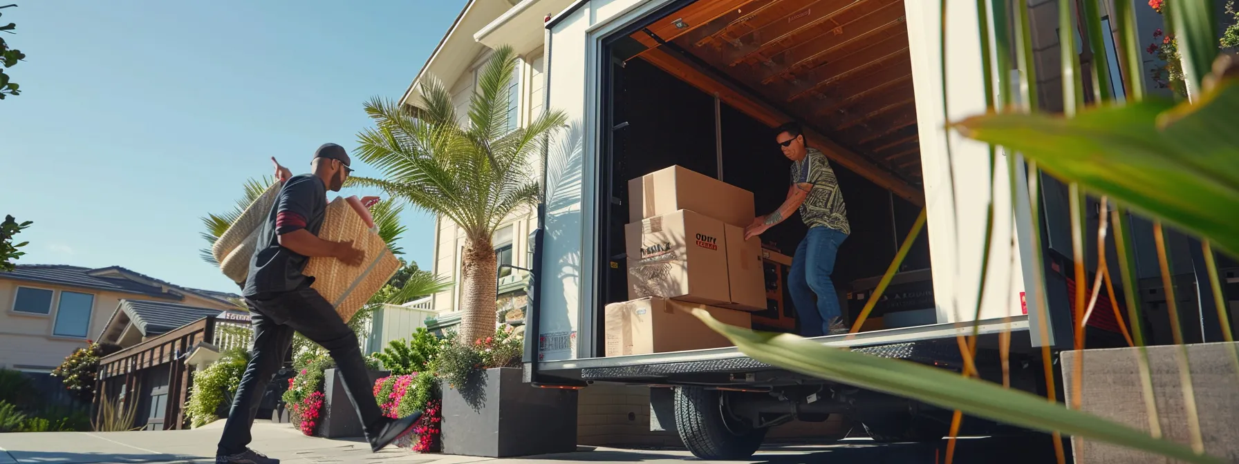 A Team Of San Diego Residential Movers Carefully Transport A Large Fragile Item Into A Moving Truck, Showcasing Their Expertise And Efficiency.