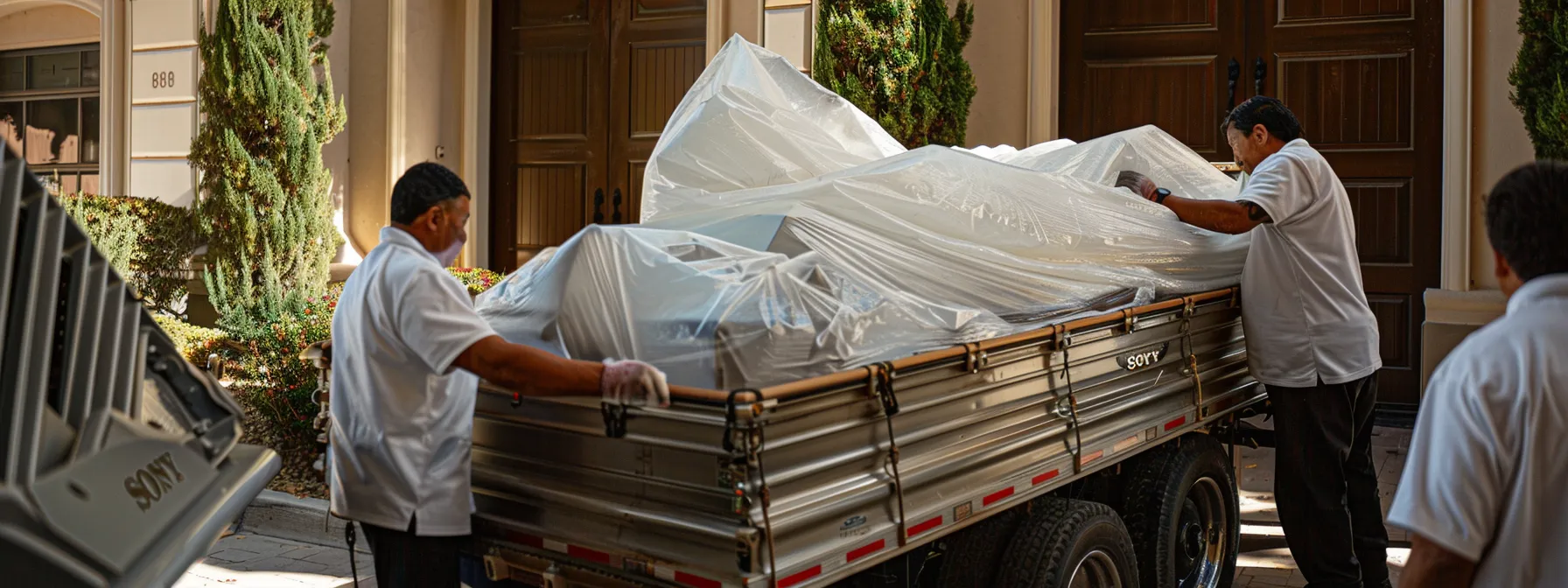 Expert Movers Delicately Wrapping A Grand Piano In Protective Padding Before Carefully Loading It Onto A Moving Truck In San Diego.